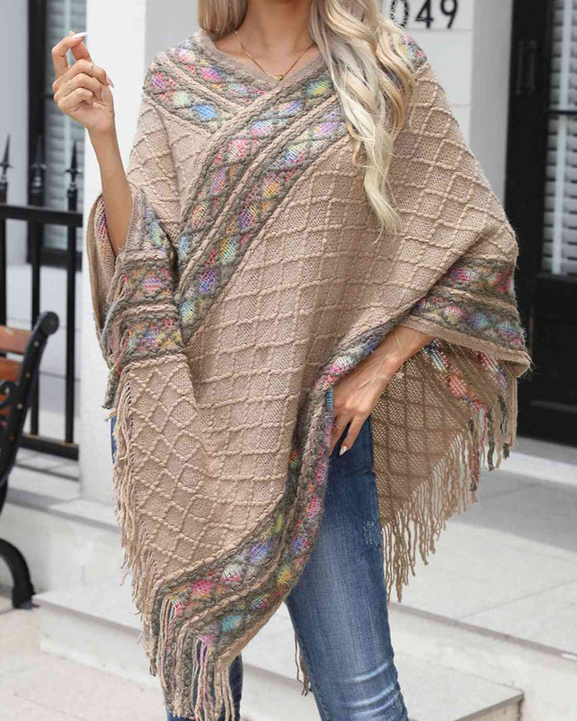 Contrast V-Neck Poncho with Fringes