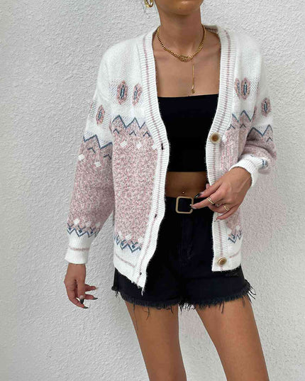 Printed Long Sleeve V-Neck Cardigan