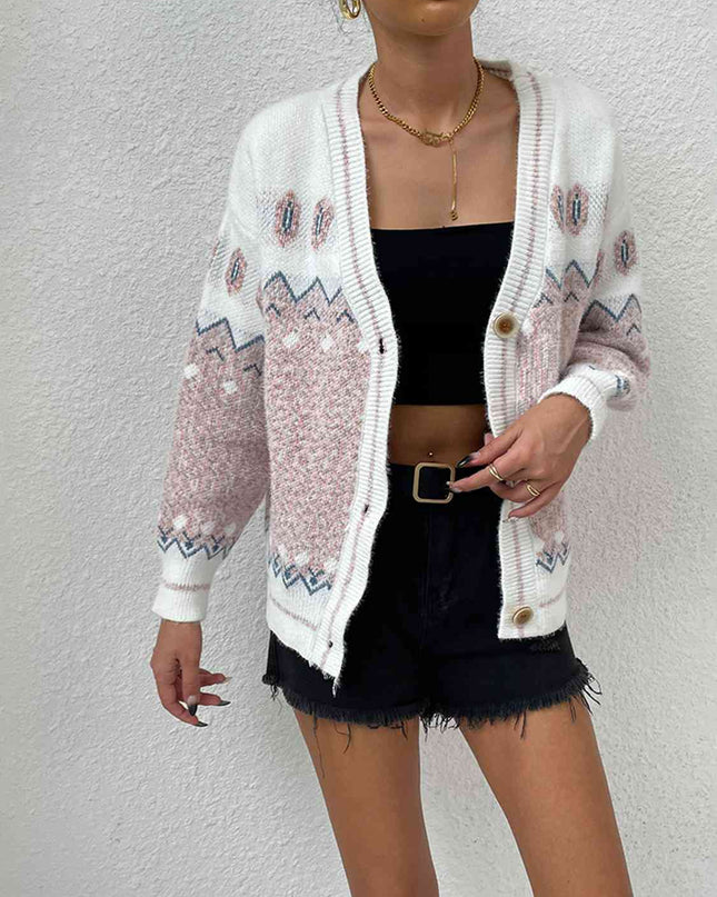 Printed Long Sleeve V-Neck Cardigan