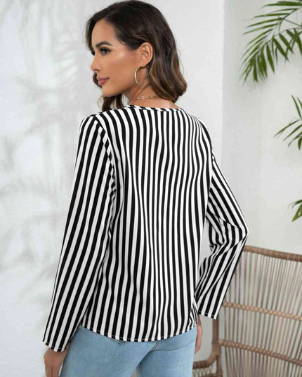 Striped Long Sleeve Notched Blouse