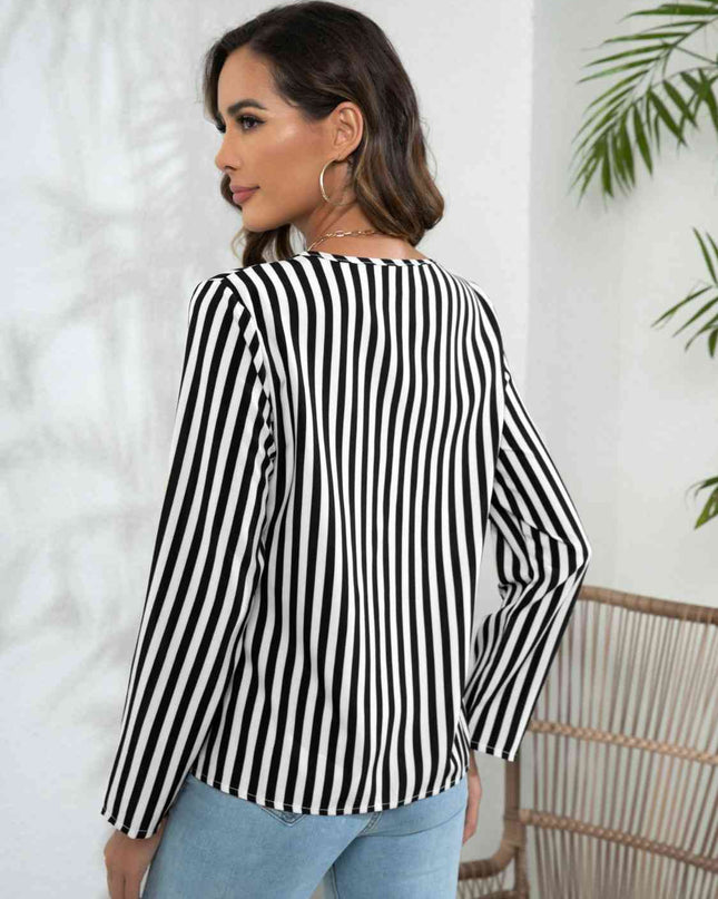 Striped Long Sleeve Notched Blouse