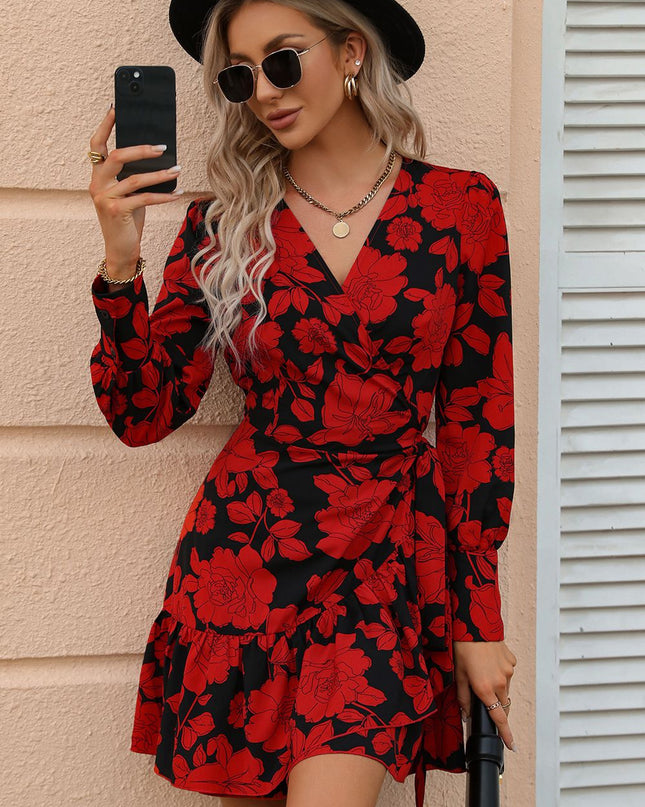 Floral Print Surplice Neck Tie Waist Dress
