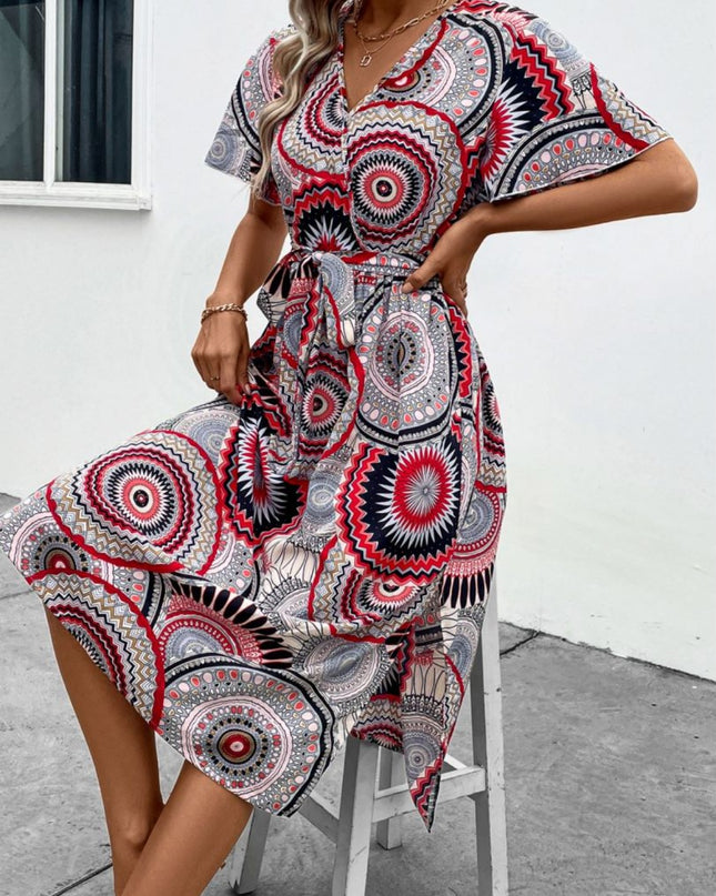 Slit Tied Printed Surplice Dress