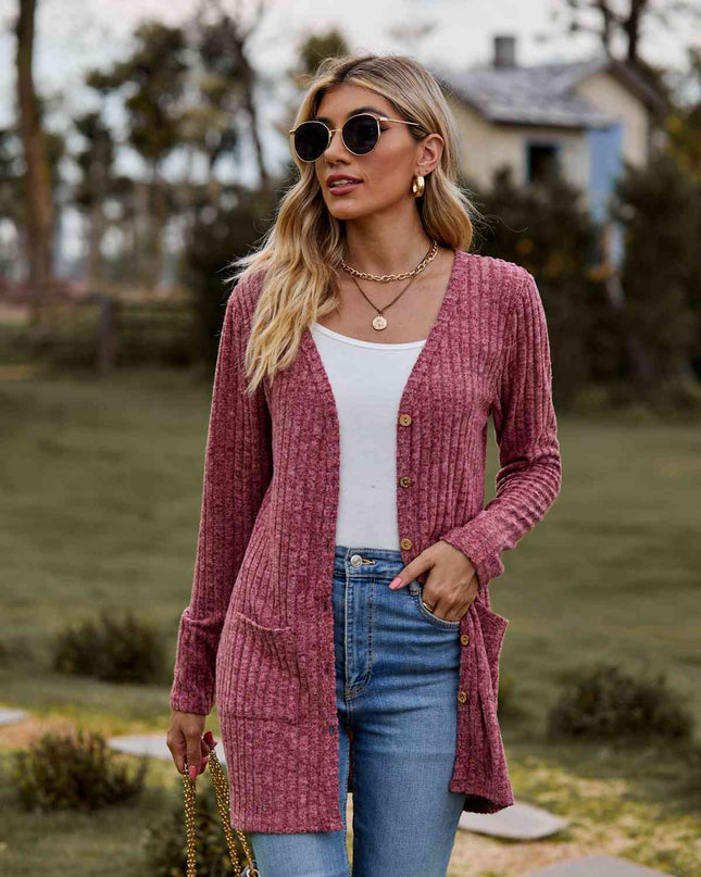 Ribbed Button-Up Cardigan with Pockets