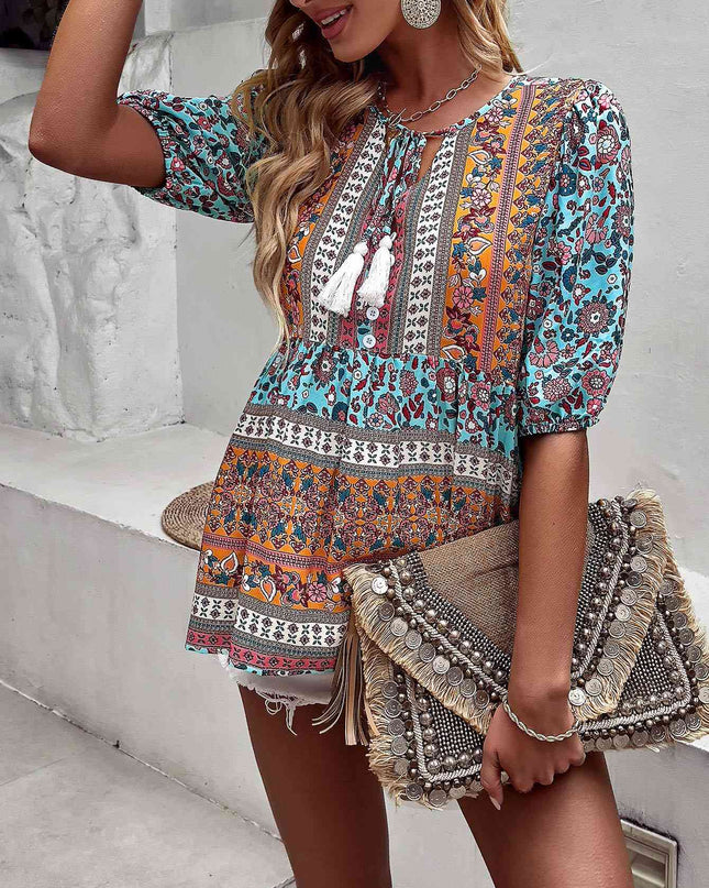 Bohemian Tassel Tie Puff Sleeve Babydoll Blouse