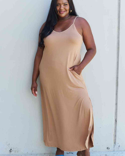 Ninexis Good Energy Full Size Cami Side Slit Maxi Dress in Camel