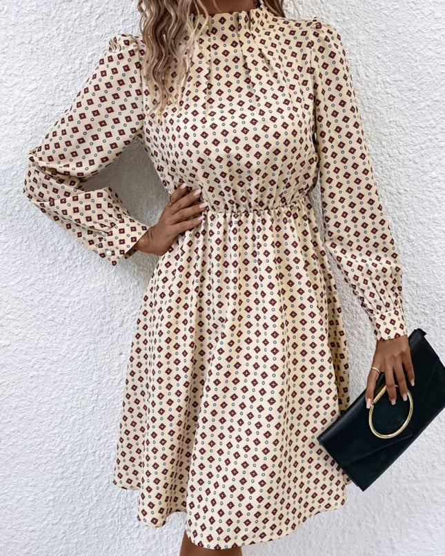 Printed Ruched Mock Neck Long Sleeve Dress