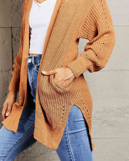 Woven Right Openwork Rib-Knit Slit Cardigan