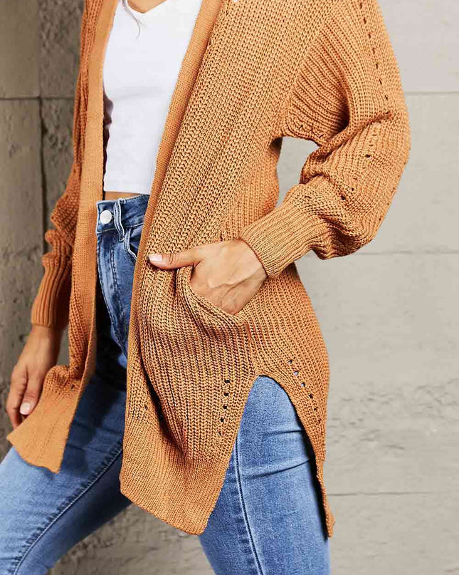Woven Right Openwork Rib-Knit Slit Cardigan