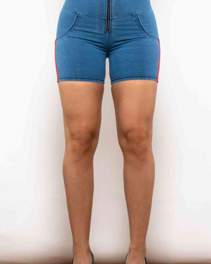 Full Size Side Stripe Zip Closure Denim Shorts