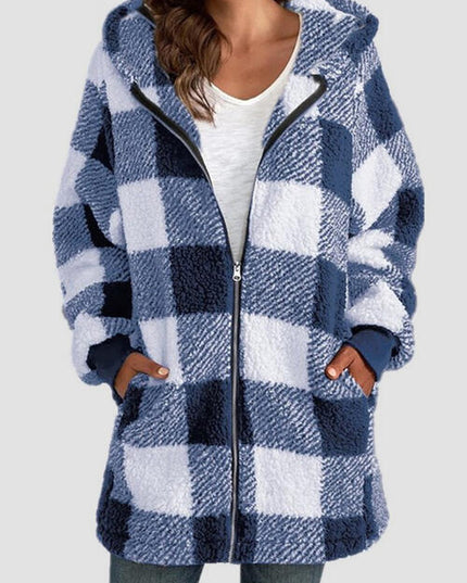 Plaid Zip Up Hooded Jacket with Pockets
