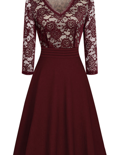 V-Neck Lace Detail Knee-Length Dress