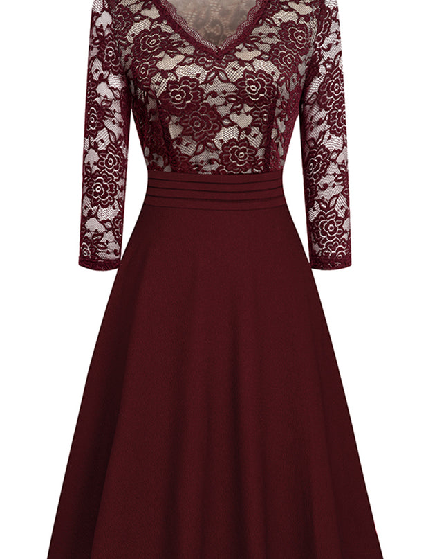 V-Neck Lace Detail Knee-Length Dress