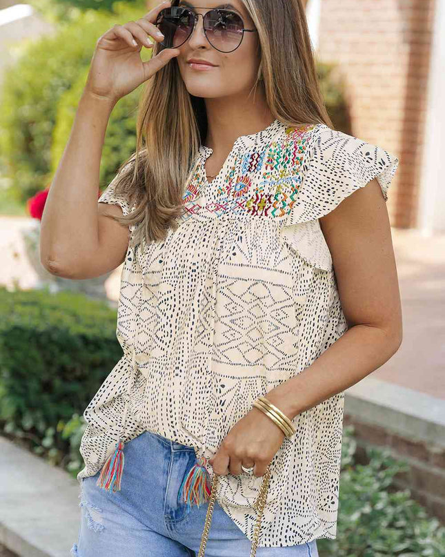Embroidered Printed Flutter Sleeve Blouse