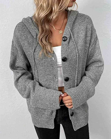 Button Up Drawstring Long Sleeve Hooded Cardigan
