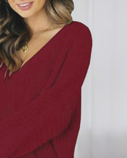 V-Neck Long Sleeve Mini Sweater Dress