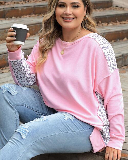 Plus Size Leopard Exposed Seam Long Sleeve Sweatshirt
