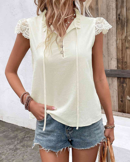 Tie Neck Buttoned Cap Sleeve Blouse