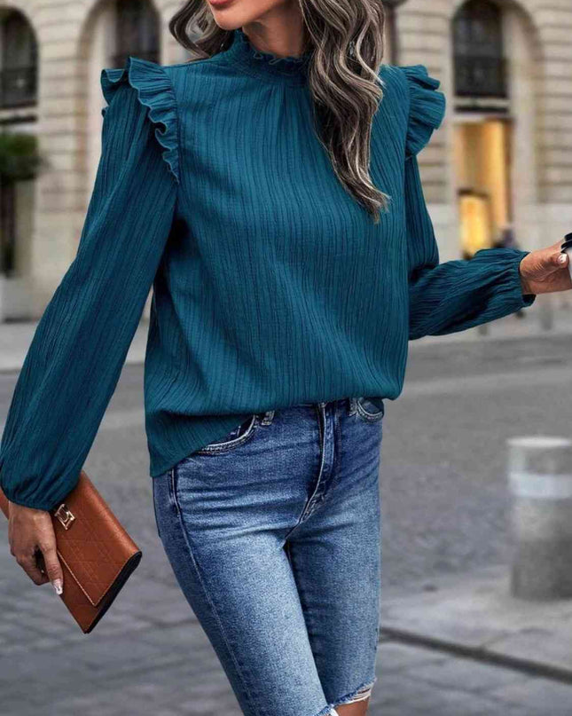 Mock Neck Ruffle Shoulder Blouse