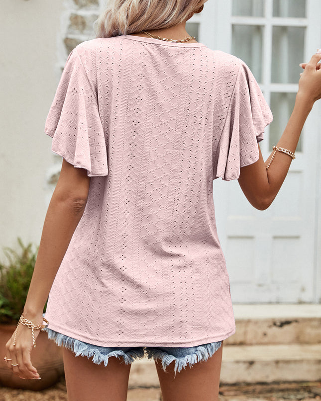 Round Neck Flutter Sleeve Blouse