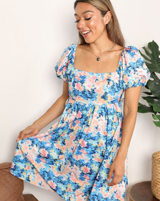 Double Take Floral Square Neck Puff Sleeve Dress