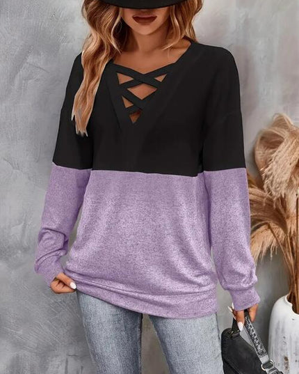Contrast Crisscross V-Neck Long Sleeve Top