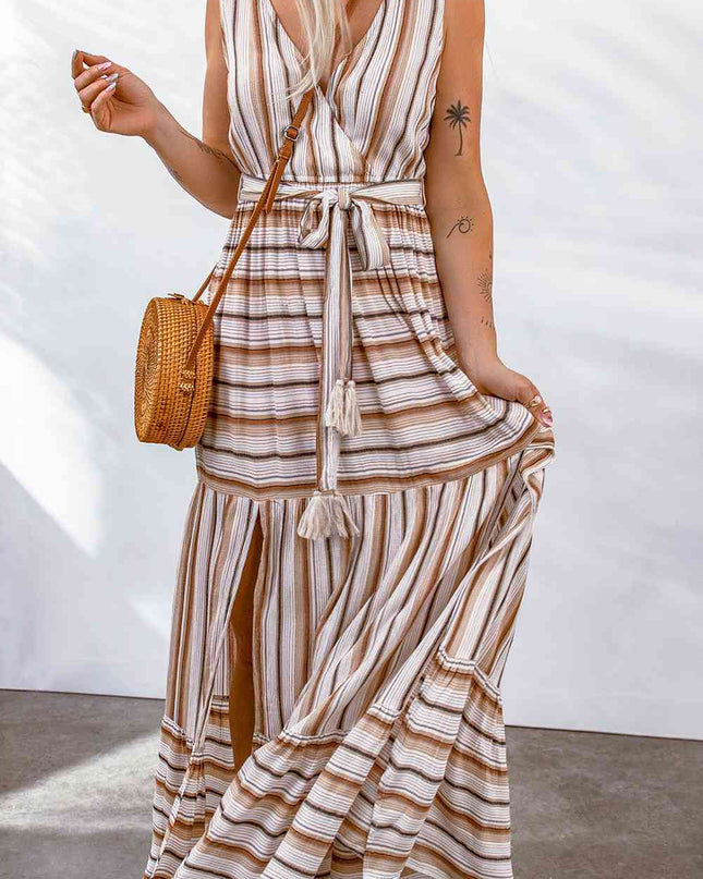 Striped Tie Waist Slit Sleeveless Dress
