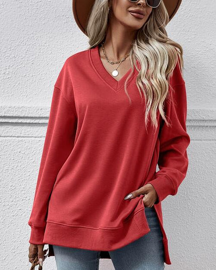 V-Neck Slit Long Sleeve Sweatshirt