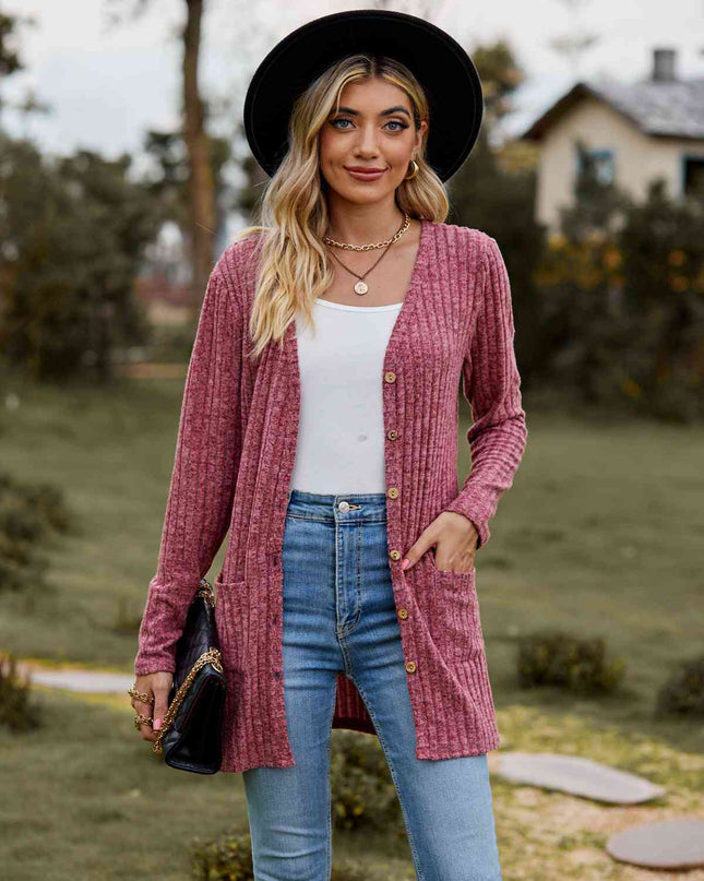 Ribbed Button-Up Cardigan with Pockets