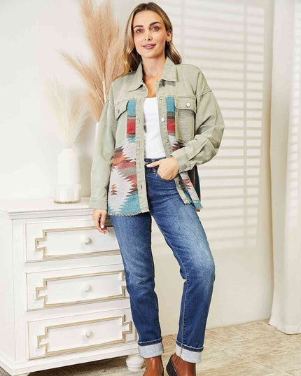 Dropped Shoulder Long Sleeve Printed Denim Jacket