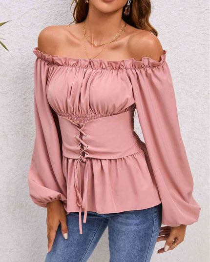 Lace-Up Balloon Sleeve Off-Shoulder Blouse