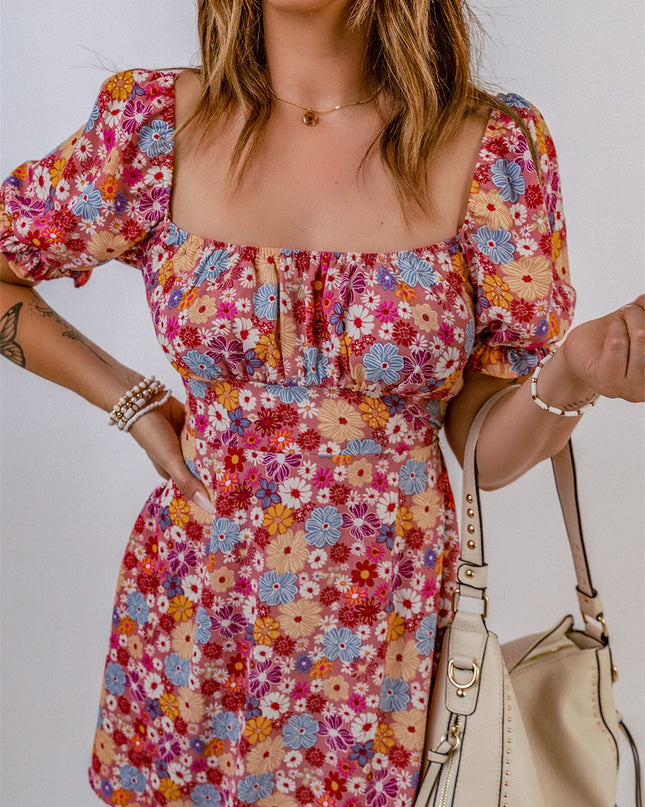 Floral Square Neck Open Back Dress