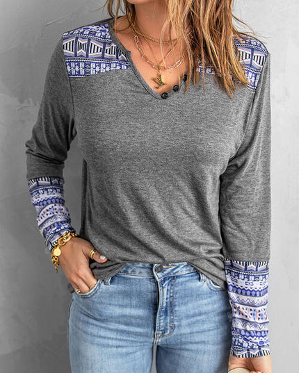 V-Neck Color Block Long Sleeve Blouse