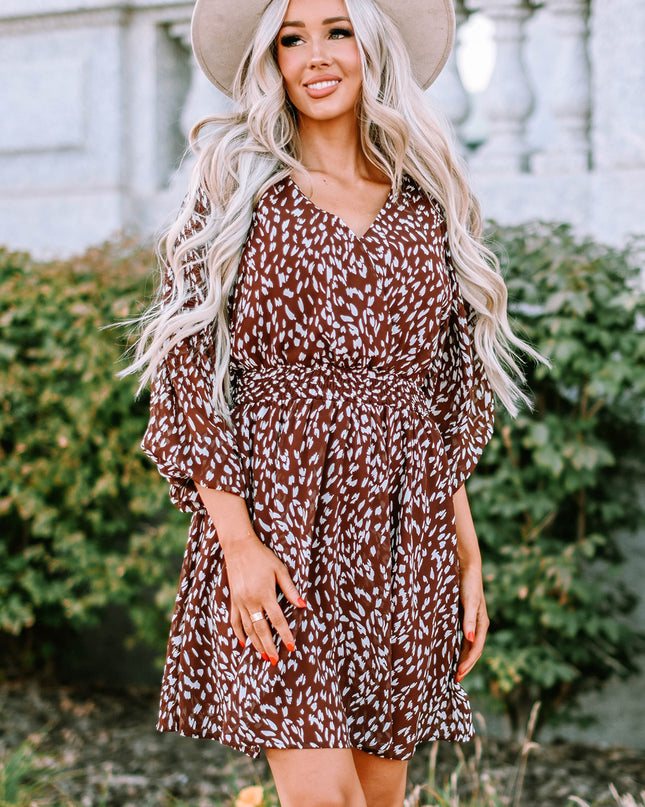 Printed Balloon Sleeve V-Neck Dress