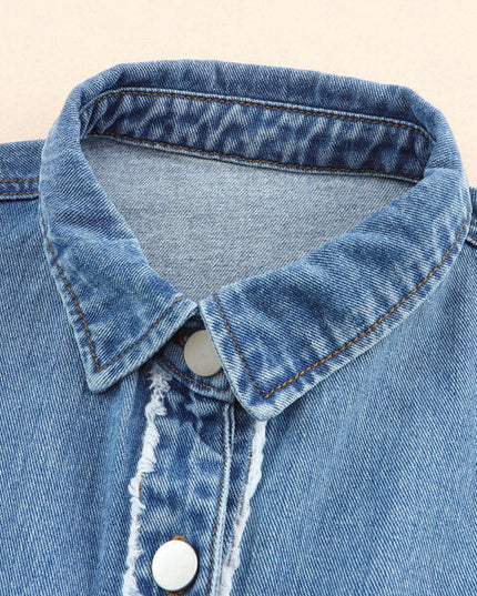 Raw Hem Button Up Denim Jacket with Breast Pockets