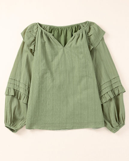 Ruffled Notched Neck Balloon Sleeve Blouse