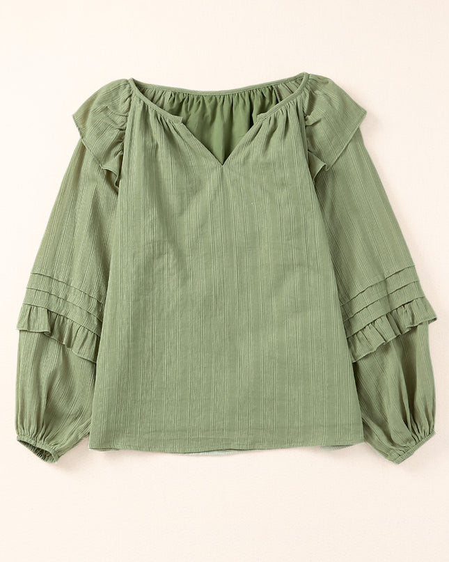 Ruffled Notched Neck Balloon Sleeve Blouse