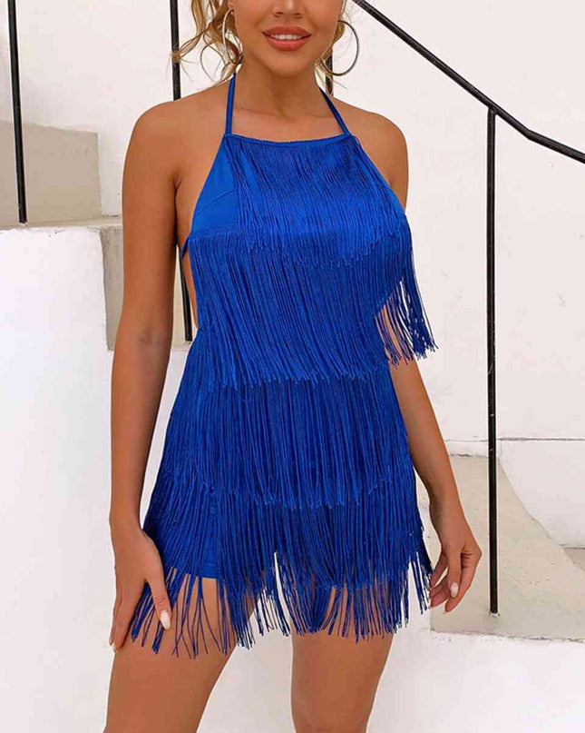 Fringed Halter Neck Tied Back Mini Dress