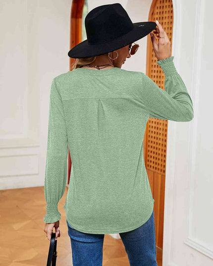 Notched Neck Long Sleeve Blouse