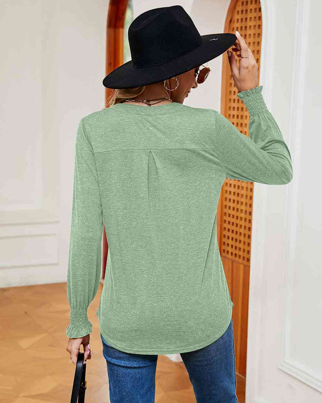 Notched Neck Long Sleeve Blouse