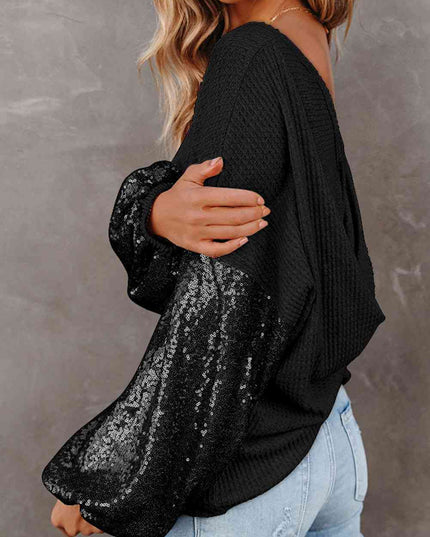 Sequin Waffle-Knit Blouse