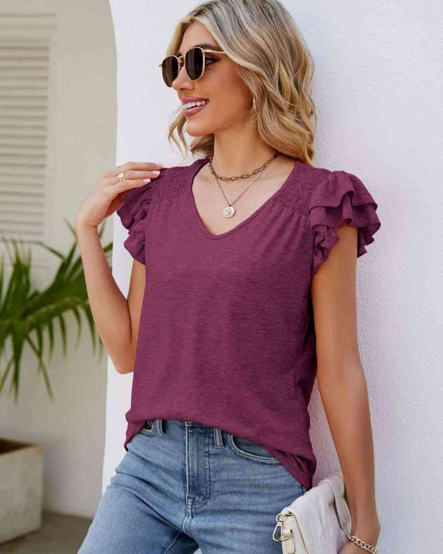 Smocked Flutter Sleeve V-Neck Top