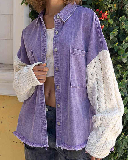 Cable-Knit Raw Hem Denim Jacket
