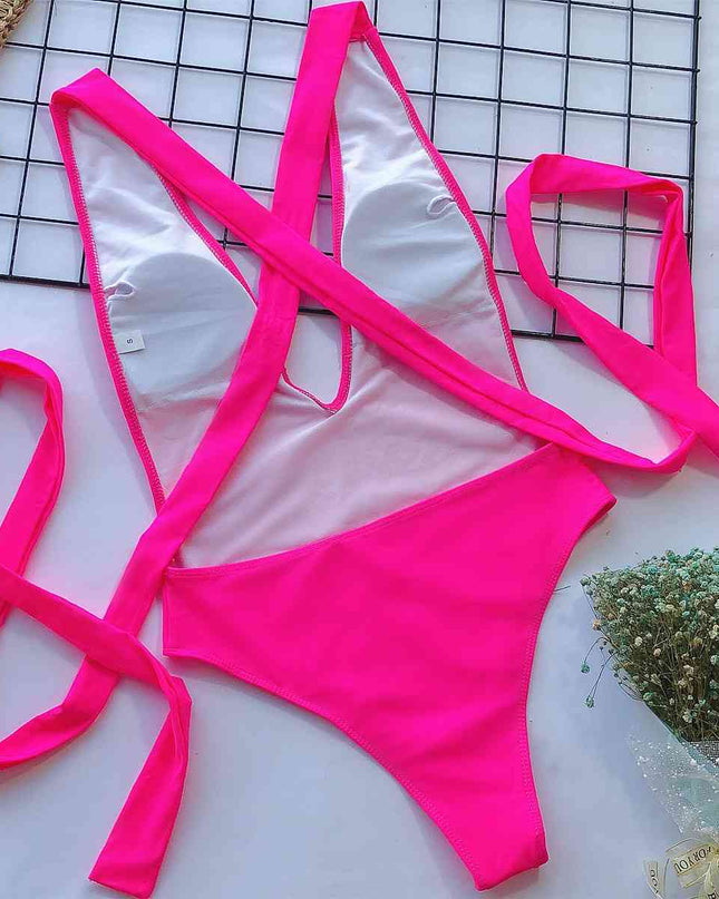 Halter Neck Deep V Tied One-Piece Swimsuit