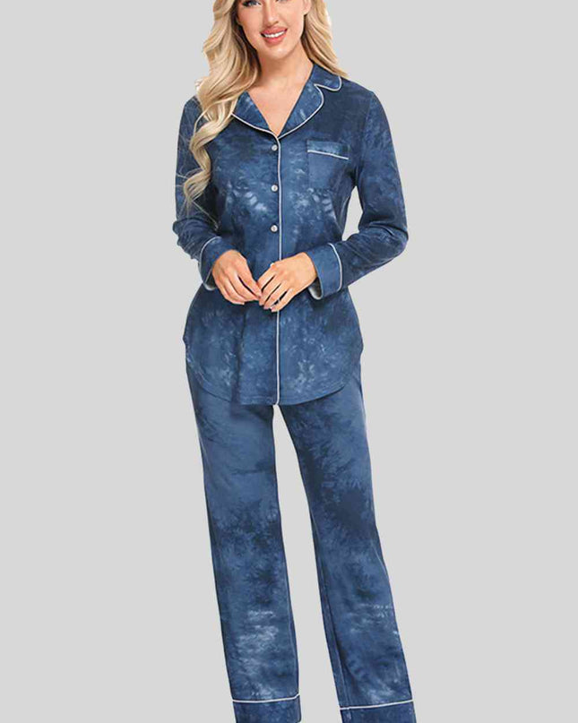 Collared Neck Long Sleeve Loungewear Set with Pockets
