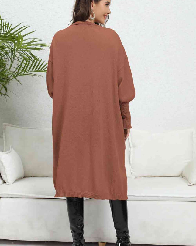 Lantern Sleeve Open Front Pocketed Cardigan