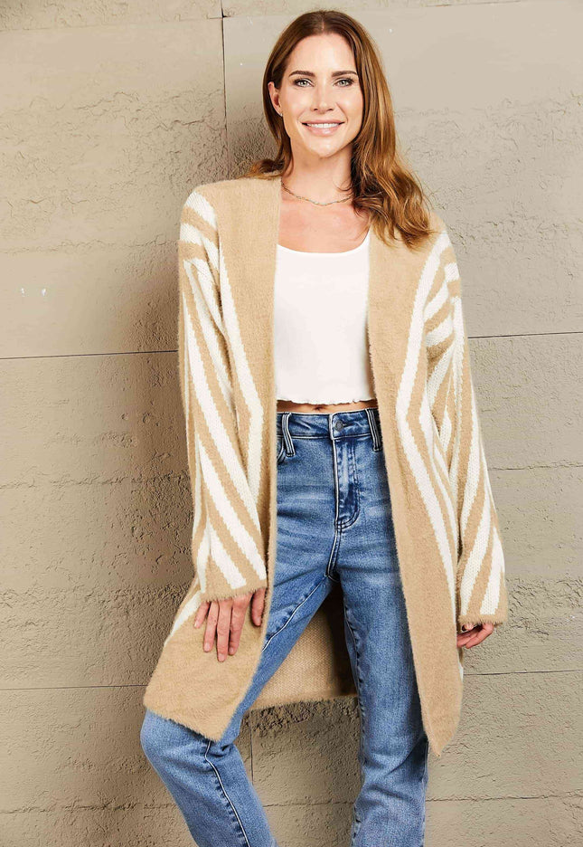 Woven Right Two-Tone Open Front Fuzzy Longline Cardigan
