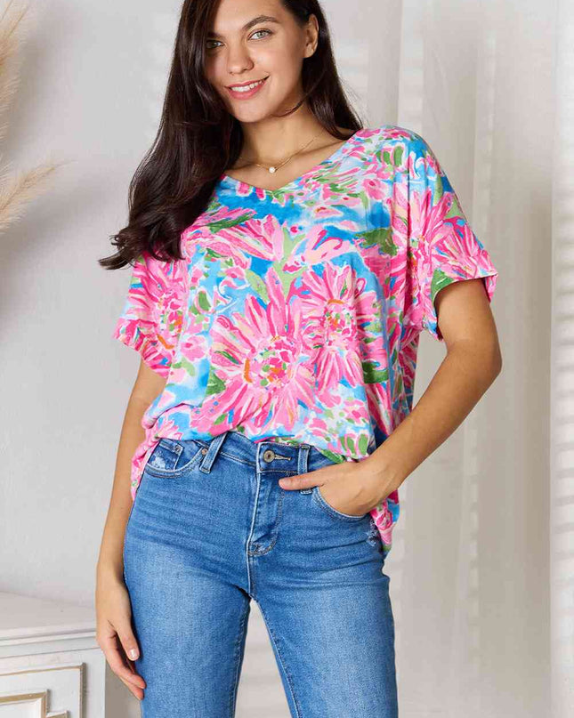 Double Take Floral V-Neck Short Sleeve Blouse