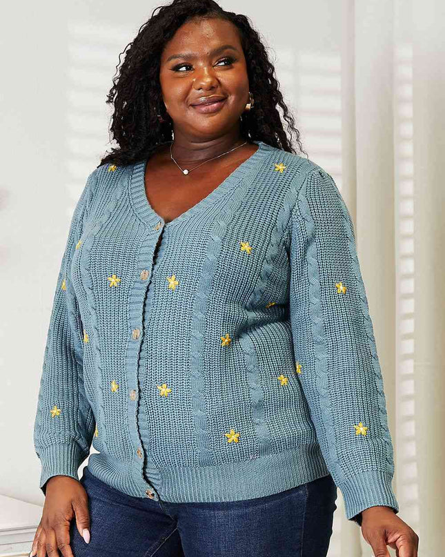 HEYSON Full Size Floral Embroidered Cable Cardigan