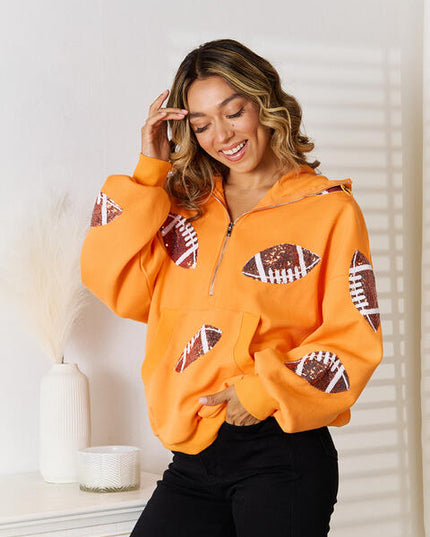 Sequin Football Patch Half-Zip Hoodie